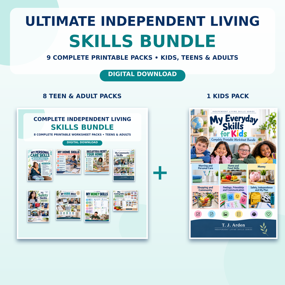 Ultimate Independent Living Skills Worksheet Bundle for Kids, Teens & Adults – 9 Printable Packs